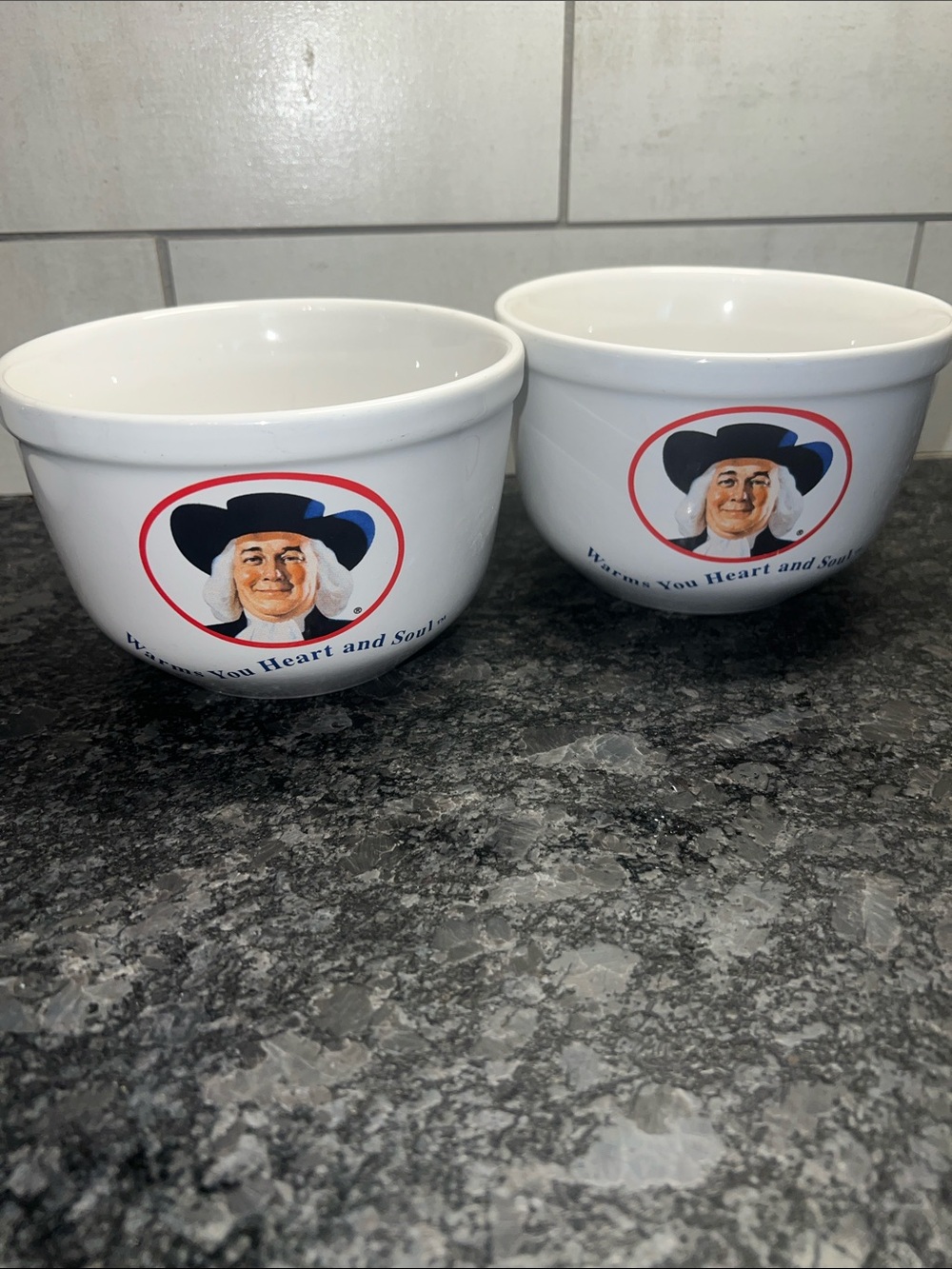 Vintage Quaker Oats Ceramic Cereal Bowls - White with Red & Blue Logo (Set of 2)